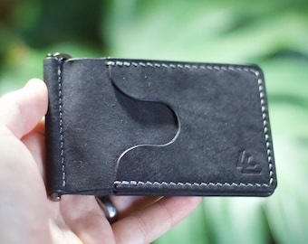 Handmade Black Leather Money Clip Wallet: Minimalist 4 Pocket Design