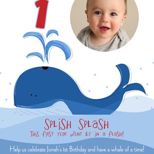 Whale Custom 1st Birthday Party Invitation, Whale Birthday Invite, Photo Card image 3