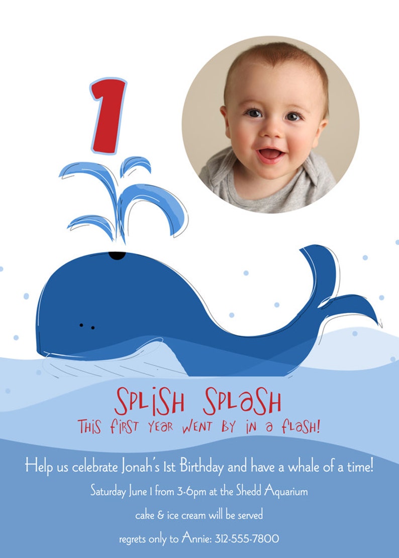 Whale Custom 1st Birthday Party Invitation, Whale Birthday Invite, Photo Card image 3