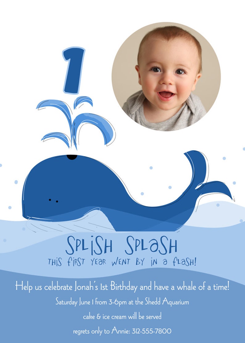 Whale Custom 1st Birthday Party Invitation, Whale Birthday Invite, Photo Card image 2