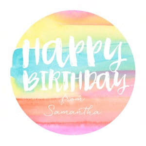 Personalized Happy Birthday stickers, Watercolor, Rainbow stickers, gift tags, girl, boy image 1