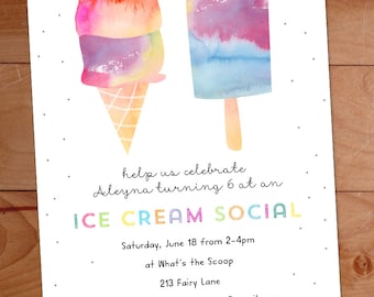 Ice Cream Party Invitation, Ice Cream Birthday Party Invite, Watercolor Invitation, Kids Ice Cream Social, Ice Cream Cone, Popsicle