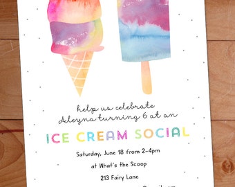 Invitación a fiesta de helados, invitación a fiesta de cumpleaños de helados, invitación de acuarela, fiesta de helados para niños, cono de helado, paleta