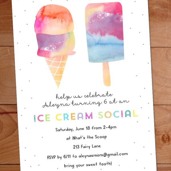 Ice Cream Party Invitation, Ice Cream Birthday Party Invite, Watercolor Invitation, Kids Ice Cream Social, Ice Cream Cone, Popsicle