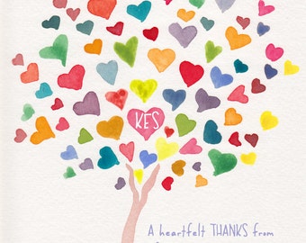 Custom Colorful Rainbow HeartTree Thank you Notes - Personalized Notecards - Set of 26