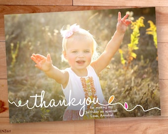 Kids Thank You cards, Childrens Thank You Cards, Birthday Thank You, Custom Thank You photo Card, Swirls, Loops, Rainbow, Color Balloons