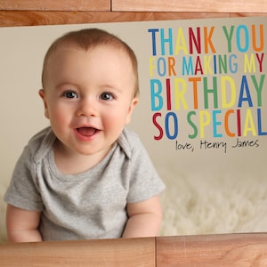 Tarjeta de agradecimiento con foto digital, cumpleaños de niños, agradecimiento para niños, tarjeta de agradecimiento con foto personalizada, agradecimiento de cumpleaños, arcoíris, letras grandes