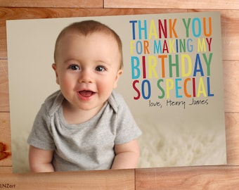 Digital Thank You Photo Card, Kids Birthday, Boy thank you, Custom Photo Thank You Card, Birthday Thank You, Rainbow, Big Block Letters