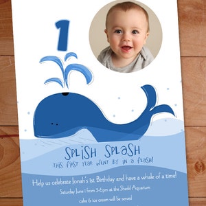 Whale Custom 1st Birthday Party Invitation, Whale Birthday Invite, Photo Card image 1