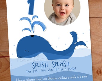 Whale Custom 1st Birthday Party Invitation, Whale Birthday Invite, Photo Card