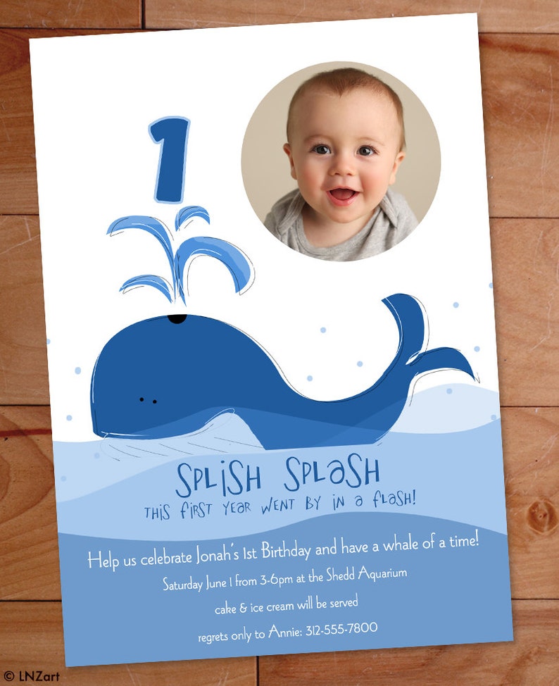 Whale Custom 1st Birthday Party Invitation, Whale Birthday Invite, Photo Card image 1