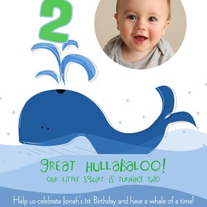 Whale Custom 1st Birthday Party Invitation, Whale Birthday Invite, Photo Card image 4
