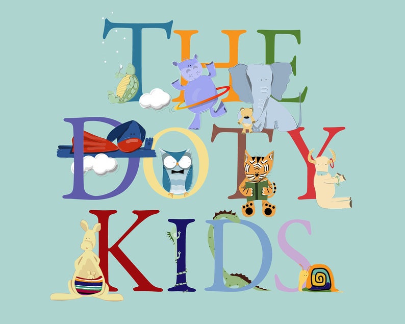 May include: Colorful illustration of the words "The Doty Kids" with various animals and objects incorporated into the letters. The animals include a turtle, hippopotamus, elephant, lion, owl, tiger, and a kangaroo.