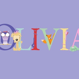 May include: Colorful letters spelling the name "OLIVIA" with animal illustrations. The "O" is purple with an owl, the "L" is light blue with a lion, the "I" is red with a pink flamingo, the "V" is green with a fox, the "A" is yellow with a snake, and the "A" is pink with a green alligator.