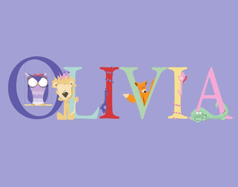 May include: Colorful letters spelling the name "OLIVIA" with animal illustrations. The "O" is purple with an owl, the "L" is light blue with a lion, the "I" is red with a pink flamingo, the "V" is green with a fox, the "A" is yellow with a snake, and the "A" is pink with a green alligator.