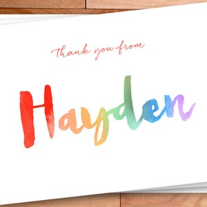 Regenbogen-Dankeschön-Karten, Personalisierte Dankeschöns, Aquarell-Dankeschönkarten, Skript-Dankeschön, Kinder-Dankeschönkarten