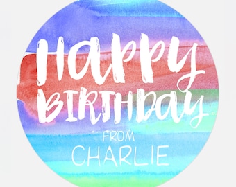 Personalized Happy Birthday stickers, Birthday tags, Watercolor stickers, Rainbow stickers, 3" stickers, gift tags, girl, boy
