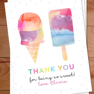 Ice Cream Thank You, Watercolor Notecards, Ice cream cone, popsicle, Personalized, Kids Thank you Cards, Custom Childrens Thank You Notes