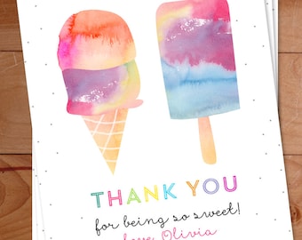 Ice Cream Thank You, Watercolor Notecards, Ice cream cone, popsicle, Personalized, Kids Thank you Cards, Custom Childrens Thank You Notes