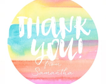 Personalized Thank you stickers, Watercolor, Custom name, Rainbow stickers, gift tags, girl, boy