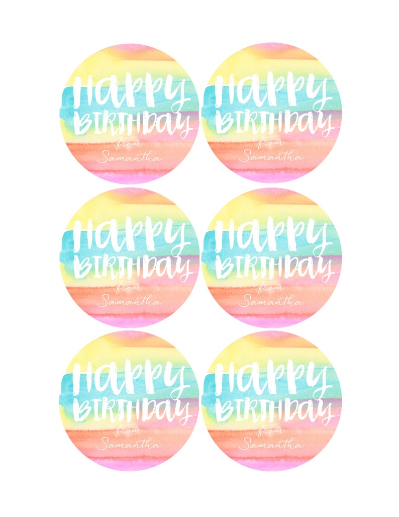 Personalized Happy Birthday stickers, Watercolor, Rainbow stickers, gift tags, girl, boy image 2