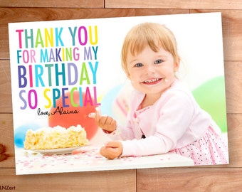 Kids Birthday Thank You, Thank You Photo Cards, kids thank you, Custom Photo Thank You Card, Birthday Thank You, Rainbow, Big Block Letters