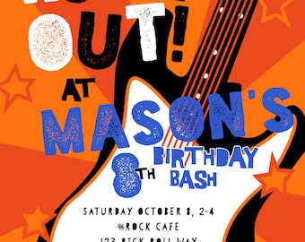 Rock Star Birthday Invitations, Rock and Roll Invite, Guitar, Boy, Modern Birthday Party Invite, Custom Birthday Invitation