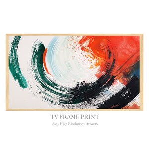 May include: Abstract painting in a wooden frame with a swirling design in shades of green, blue, orange, and red. The painting is titled "TV Frame Print" and has the text "16:9 - High Resolution - Artwork".