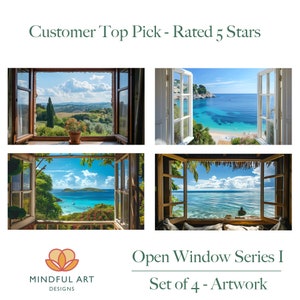 May include: Set of four digital art prints featuring scenic views through open windows. The prints depict a lush green landscape, a beach with turquoise water, and two different ocean views.