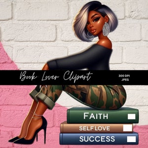 Book Lover Clipart, Black Girl Reading, Bookworm Clipart, Book Club Clipart, Black Girl Clipart, Afro Girl Clipart, Planner Girl Clipart