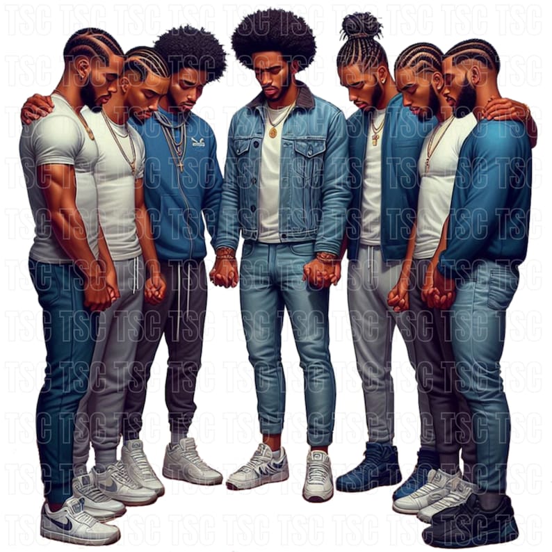 May include: Six men standing in a circle, holding hands, with their heads bowed. They are all wearing jeans and t-shirts. The man in the center is wearing a denim jacket.
