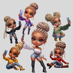 Chibi Selfie Girl Clipart, Black Girl Magic, Fashion Girl Clipart, Afro Woman Clipart, Melanin Girl Clipart, Black Girl Clipart