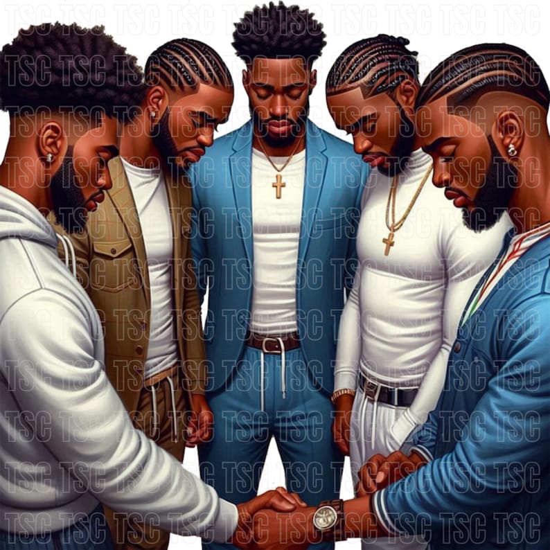 May include: Five men of color stand in a circle, heads bowed, hands clasped in prayer. They are all wearing different styles of clothing, including a blue suit jacket, a brown jacket, a white shirt, and a blue sweater.