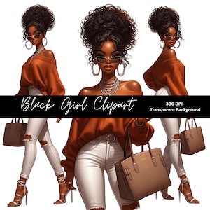 Black Woman Clipart, Self Love Clipart, Fashion Girl Clipart, Empowering Girl Clipart, Denim Girl Clipart, PNG Black Woman, Boss Babe Clipar