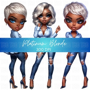 Fashion Girl Clipart, Black Girl Clipart, Afro Girl Clipart, Denim Girl Clipart, Chibi Doll Clipart, Curvy Girl Clipart, Boss Babe Clipart
