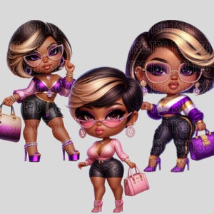 Chibi Afro Woman. Chibi Doll, Chibi Doll African American, Curvy Chibi Doll, POD Digital Clipart, Black Girl Clipart Bundle,