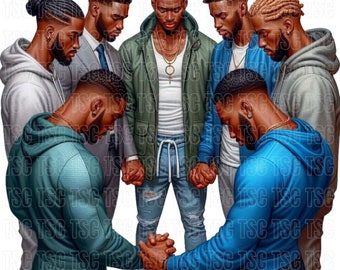 May include: A group of seven men standing in a circle, with their heads bowed and hands clasped together in prayer. They are all wearing casual clothing, and some have facial hair. The men are of different ages and ethnicities.