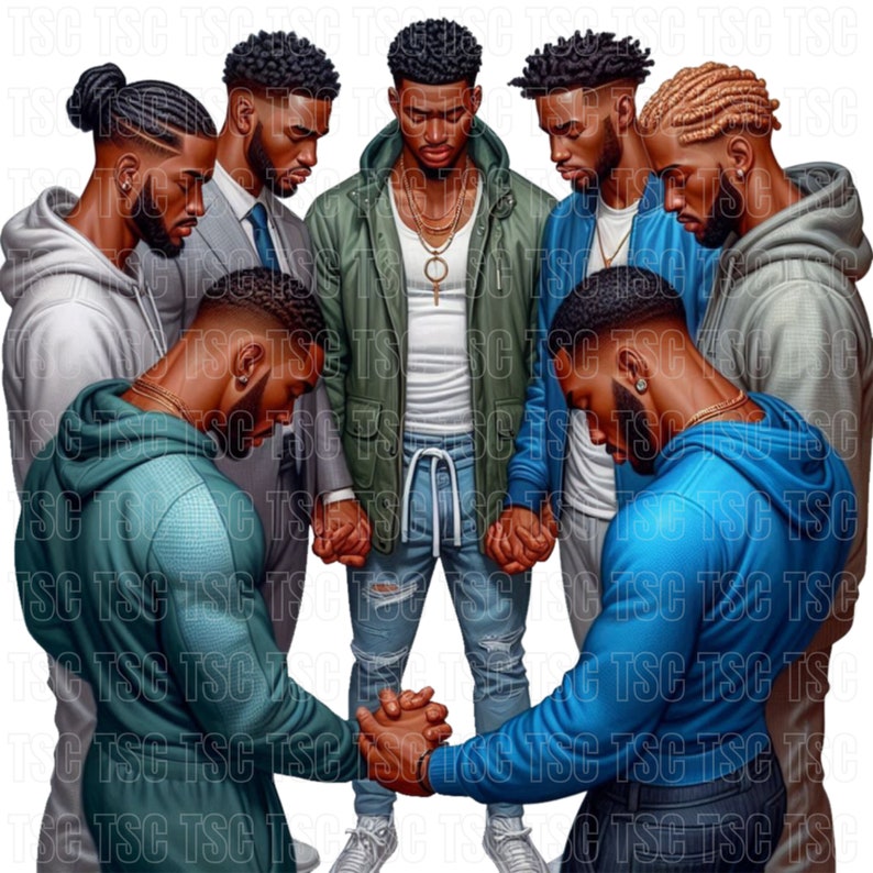 May include: A group of seven men standing in a circle, with their heads bowed and hands clasped together in prayer. They are all wearing casual clothing, and some have facial hair. The men are of different ages and ethnicities.