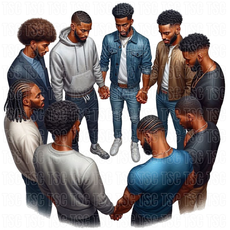 May include: A group of eight men standing in a circle, holding hands and looking down. They are all wearing casual clothing, including jeans, t-shirts, and jackets. The men are of different ages and have various hairstyles.