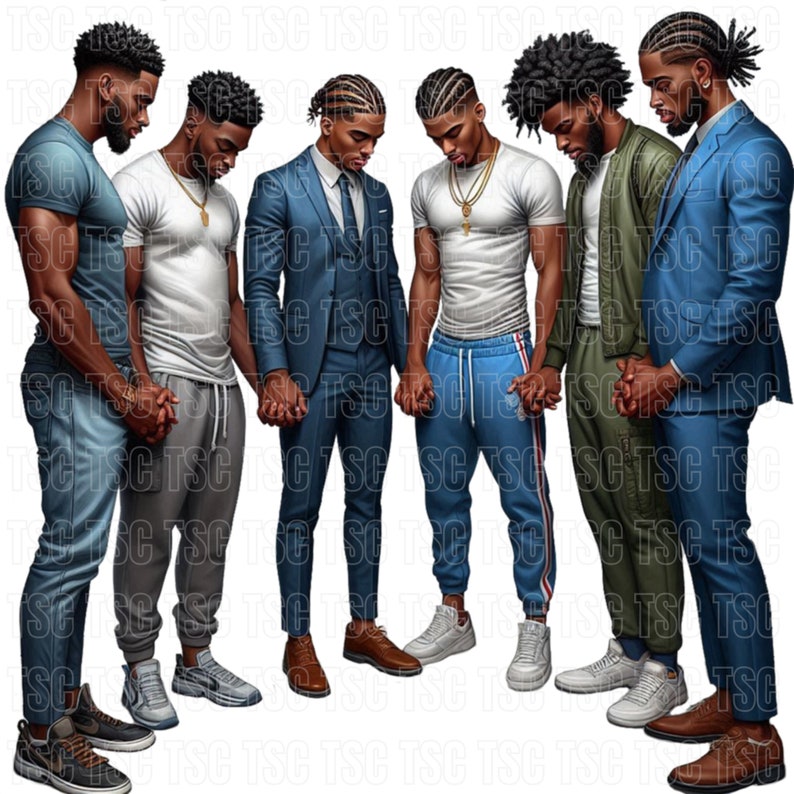 May include: Five men of color standing in a circle, holding hands and looking down. They are wearing a variety of clothing, including a suit, a white t-shirt, a green jacket, and a blue suit.