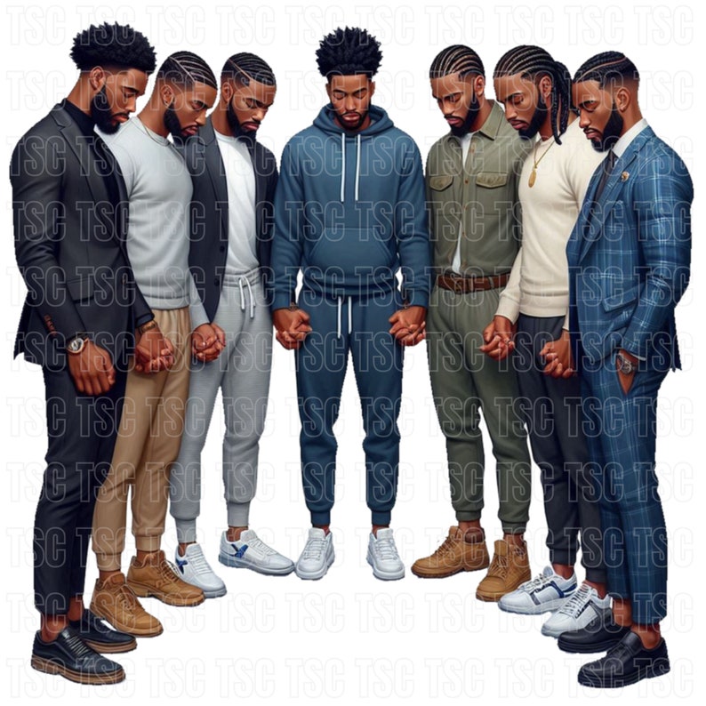 May include: Six men of different ethnicities stand in a circle, heads bowed, hands clasped in prayer. They are wearing a variety of clothing, including suits, sweaters, and casual pants.