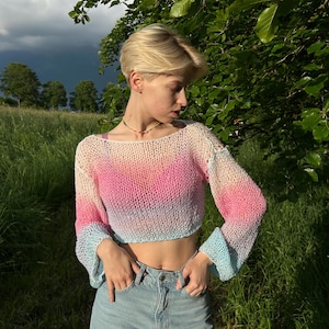 Handgemachter Veganer Kurzpullover Pastellfarbener Strickpullover Weicher ästhetischer Fairycore Top Cottagecore Farbverlaufspullover
