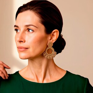 Gold Ruffle Drop Hoop Earrings- Lightweight Crochet , Statement Stud Dangles, Hypoallergenic, Sensitive Ears, Special Occasion Jewelry