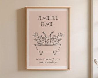 Art mural salle bain peaceful place, déco salle de bain tons neutres, art imprimable salle de bain moderne, citation bien être salle de bain