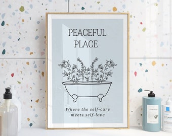 Art mural salle de bain bleue, art imprimable salle de bain moderne, citation self care salle de bain, déco murale douche minimaliste