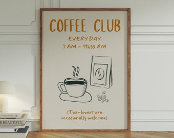 Impression coffee club rétro, art imprimable cuisine, décoration murale amateurs de café, affiche petit déjeuner, Déco café tendance