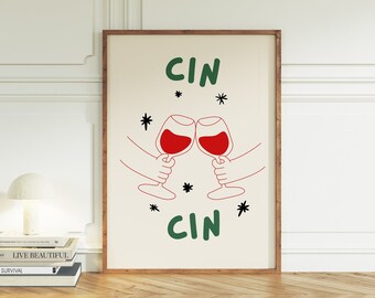 Affiche Cin Cin, impression cuisine tendance, décoration murale cocktail, poster apéritif, téléchargement numérique pour la cuisine