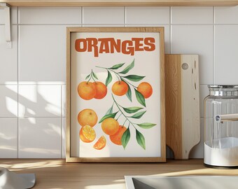 Affiche d'oranges aquarelle, art imprimable cuisine rétro, illustration fruits agrumes, poster art culinaire, affiche de fruits