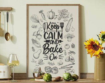 Affiche cuisine rétro keep calm and bake on, art mural imprimable légumes,