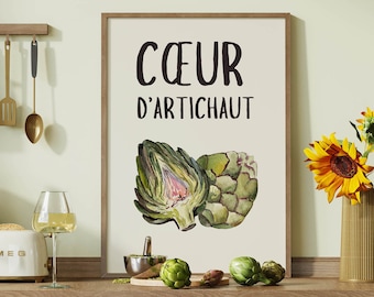 Art imprimable cuisine cœur d'artichaut, décoration murale légume et nourriture, décorer un coin repas, poster art culinaire